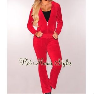 Red Velour Hoodie Track Suit Two Piece Set